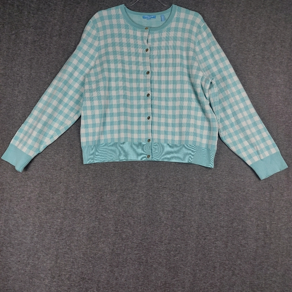 DRAPER JAMES RSVP WOMENS BLUE WHITE GINGHAM CHECK LONG SLEEVE CARDIGAN SIZE XXL